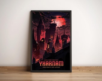 May include: A framed vertical poster featuring a dark gothic cityscape under a large red moon. The text reads "DARE TO DREAM BIGGER IN YHARNAM" and "WHERE BLOOD IS THEIR SALVATION" in a stylized red font at the bottom of the illustration.