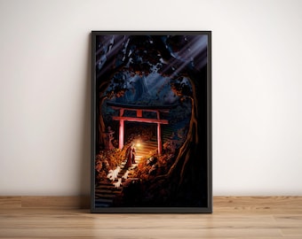 Inari Okami - Original Illustration, Japanese Architecture, Kyuubi and Kitsune, Fantasy Artwork