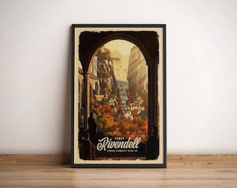 Rivendell (Lord of the Rings) - Travel Poster, Retro Vintage Illustration, Fantasy Gift Idea, Tolkien Wall Art