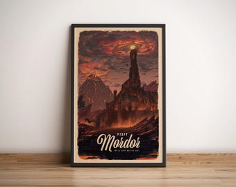 Mordor (Lord of the Rings) - Travel Poster, Retro Vintage Illustration, Fantasy Gift Idea, Tolkien Wall Art
