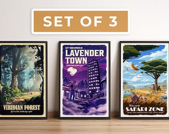 Set of 3: Pokemon Travel Posters -  Retro Vintage Illustration, PC Gamer, Best Gamer Gift, Nostalgic Artwork