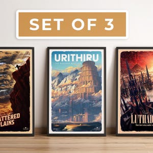May include: A set of three framed fantasy art prints. Each print depicts a different landscape, with text including "Shattered Plains", "Urithiru", and "Luthadel". The prints have a vintage style, with black frames and a tan border.