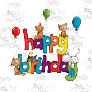 PRE-COLOURED STAMP - Gatos de Feliz Cumpleaños