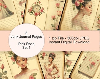 Pink Rose Set 1 - Junk Journal Pages - Digital Download - Scrapbooking