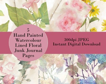 5 Hand Painted Watercolour Lined Floral Junk Journal Pages - Instant Download