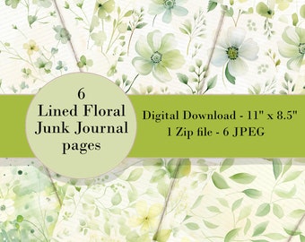 6 Lined Green Floral Junk Journal Pages - Instant Digital Download