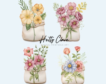 Bolsillos de flores precoloreados - Descarga digital - PNG con fondo transparente - Clipart
