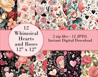 12 Whimsical Hearts and Roses - Digital Paper - Card Making - Scrapbook - Digital Download - Scrapbook Ephemera