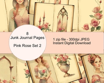 Pink Rose Set 2 - Junk Journal Pages - Scrapbooking - Digital Download