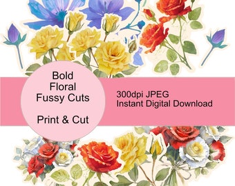 Bold Floral Fussy Cuts - Téléchargement numérique - Scrapbook Flower Ephemera