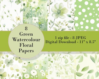 8 Green Watercolour Floral Papers - Instant Digital Download - Card making - Scrapbooking