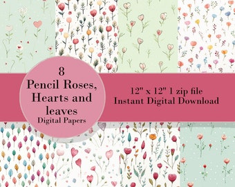8 Pencil Roses, Hearts and Leaves - Digital Paper - Card Making - Scrapbooking - Digital Download