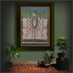 Traditional painting of lord krishna with cows under kadam tree ,indian religious art ,Indian folk art ,wall decor ,Painting,lord krishna