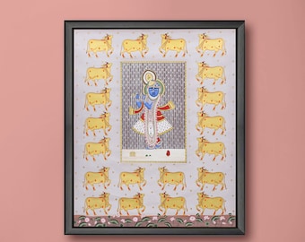 Traditional wall pichwai of shrinath ji with cows- Shrinath ji Painting - Pichwai - Indian Gods - Traditional Art -Wall Hanging - Home decor