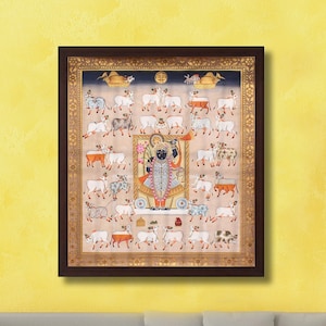 Traditional Painting Of Lord Krishna With Cows, handmade pichwai art ,Lord Krishna ,Pichwai Painting,Indian Art,Wall Decor,Painting