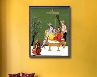 Painting of Lord Rama and seeta , Ram Darbaar Pichwai Painting Indian art decor religious painting,Pichwai Painting  Wall decor,Wall hanging