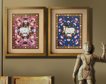 Set of 2 Pichwai Paintings, Traditional wall Painting of Beautiful Cow With Kamal Talai , Wall Hanging ,Home decor ,Art ,Handmade Painting