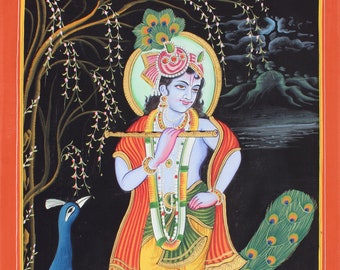 Lord krishna wall painting indian traditional decorative pichwai art devotional.