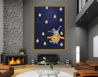 Puede incluir: Un interior de sala de estar con una pared de piedra, una chimenea, un sofá de cuero marrón y una pintura enmarcada de una figura azul bailando con hojas amarillas sobre un fondo azul oscuro.