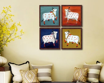 Set of 4 Beautiful cow Pichwai Painting On Cloth with Natural stone Pigments ,Indian Traditional Cow Painting , Religious art ,Home Decor