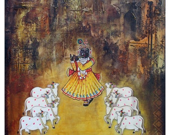 wall painting of shrinath ji playing flute,with cows.
