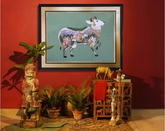 Traditional painting of cow , handmade cloth painting , krishna leela , indian religious art , indian art , cow painting , home decor
