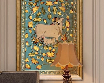 Traditional wall Painting of Beautiful Cow In Kamal Talai ,Indian Pichwai Painting, Wall Hanging ,Home decor ,Art ,Handmade Painting