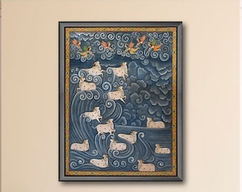 Traditional Painting Of Beautiful Cows - Hand Painted Cows Painting - Traditional Wall Decor - Wall Hangings - cows - Painting - Home Decor