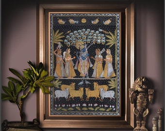 Painting - krishna with gopies , pichwai painting , handmade painitng , pichwai , painting for house , traditional art ,real gold and silver