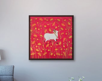 Painting of beautiful cow , traditional painting of cow , original painting of cow , home decor , wall hanging , pichwai painting