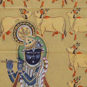 Krishna with cow design hand mural painting on cream silk kurta main image 0