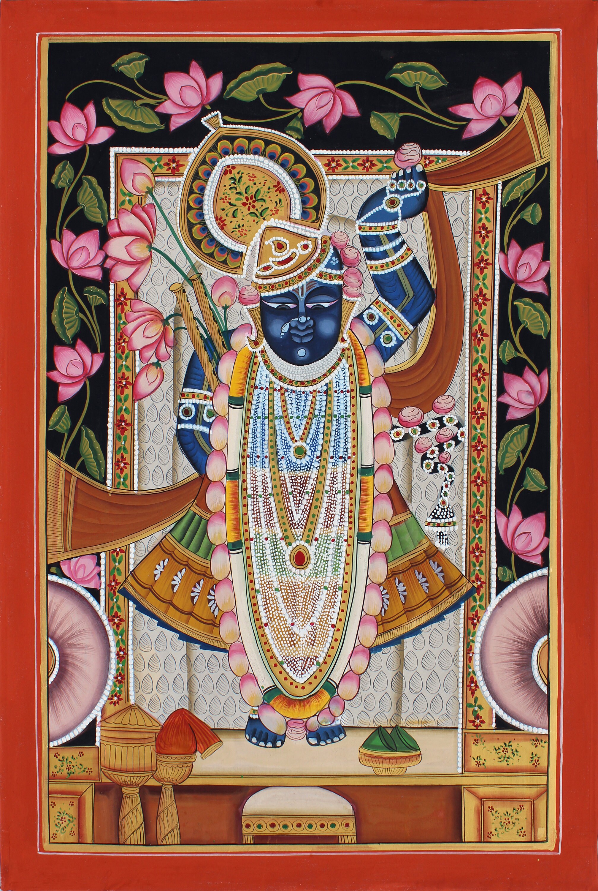 Traditional Lord Krishna Wall Painting Stone Color on Cloth Hand