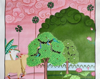 Beautifully hand painted Traditional painting of cows with peacock on canvas, indian Decorative Art Religious Paintings,indian wall decor