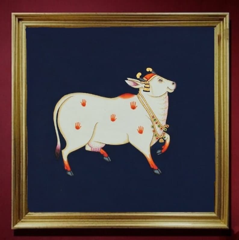 Traditional painting of holy cow- handmade pichwai painting - indian home decor-house warming item - cow painting - original painting image 2