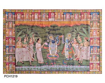 Pichwai painting -Yamuna ji and prabhu ji pichwai painting , handmade pichwai art - pichwai