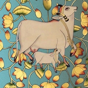 Traditional wall Painting of Beautiful Cow In Kamal Talai ,Indian Pichwai Painting, Wall Hanging ,Home decor ,Art ,Handmade Painting image 3