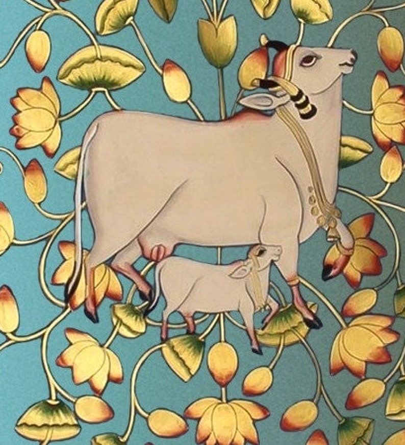 Traditional wall Painting of Beautiful Cow In Kamal Talai ,Indian Pichwai Painting, Wall Hanging ,Home decor ,Art ,Handmade Painting image 3