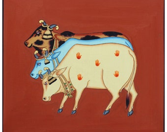 Hand made painting of beautiful cows on cloth , pichwai painting, indian wall decor art,cow painting ,traditional art