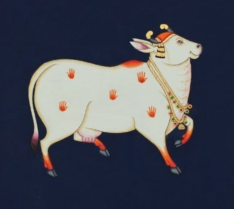 Traditional painting of holy cow- handmade pichwai painting - indian home decor-house warming item - cow painting - original painting image 3