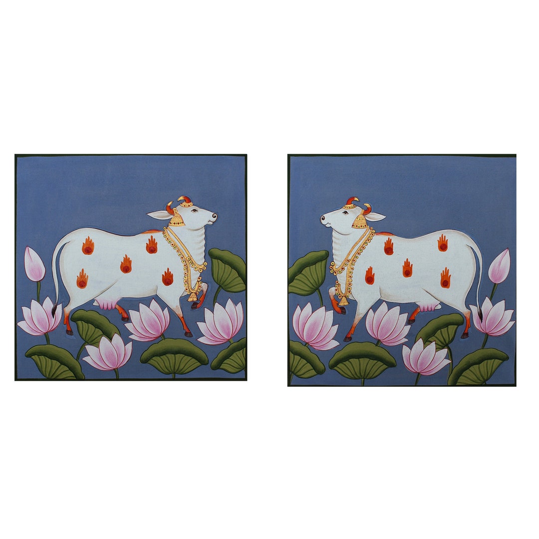 インド手描きピチャワイ画　牛と蓮の花の絵画 牛と蓮のピチワイ絵画、伝統的な布壁画 - Etsy 日本