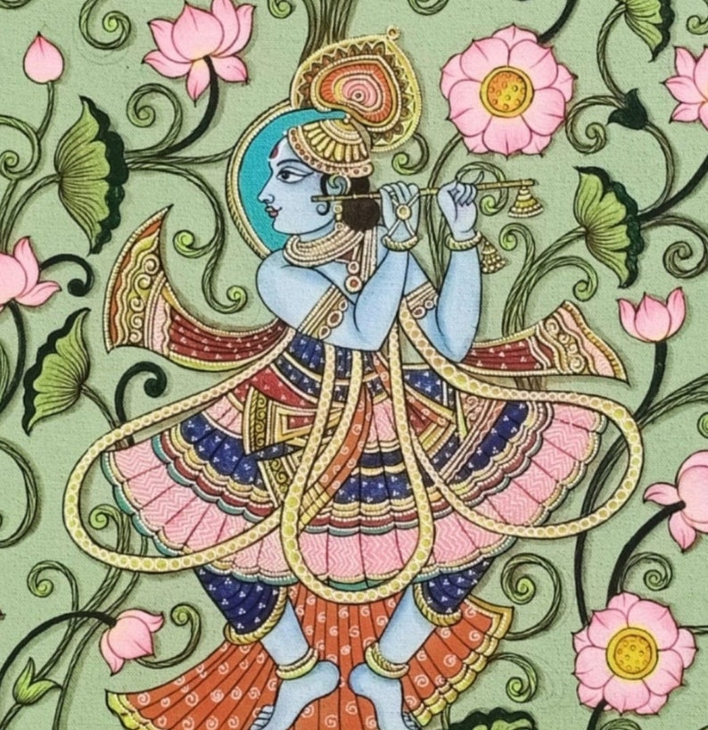 May include: A detailed illustration of a blue-skinned figure playing a flute, wearing elaborate garments with pink and gold details. The figure is set against a backdrop of pink lotus flowers and green foliage on a light green background. The artwork is in a traditional style.