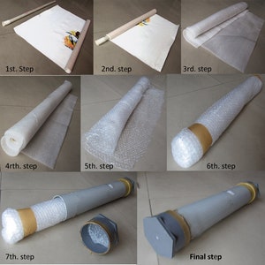 May include: A step-by-step guide showing how to package a rolled canvas print. The process includes wrapping the print in protective materials, securing it with tape, and placing it inside a sturdy tube for shipping. The steps are labeled from 1st to Final step.