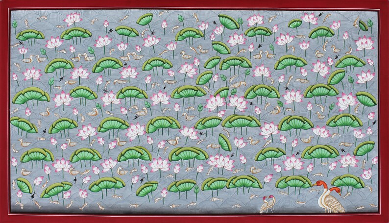 May include: A painting depicting a pond scene with pink lotus flowers, green lily pads, and gray birds. The background is a light blue color.