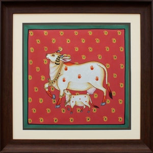 Wall Painting Indian Cows Natural Stone Color on Cloth Love Painting of animals traditional painting.