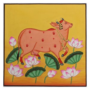 Peinture de vache, Étang de lotus, Peintures, Art indien, Art Pichwai, Œuvres d’art, Art, Décoration d’art, Décoration intérieure, Décoration murale, Accrochage mural, Animal sacré