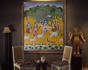 Krishna playing flute , pichwai painting of lord krishna , handmade pichwai painting , krishna pichwai painting