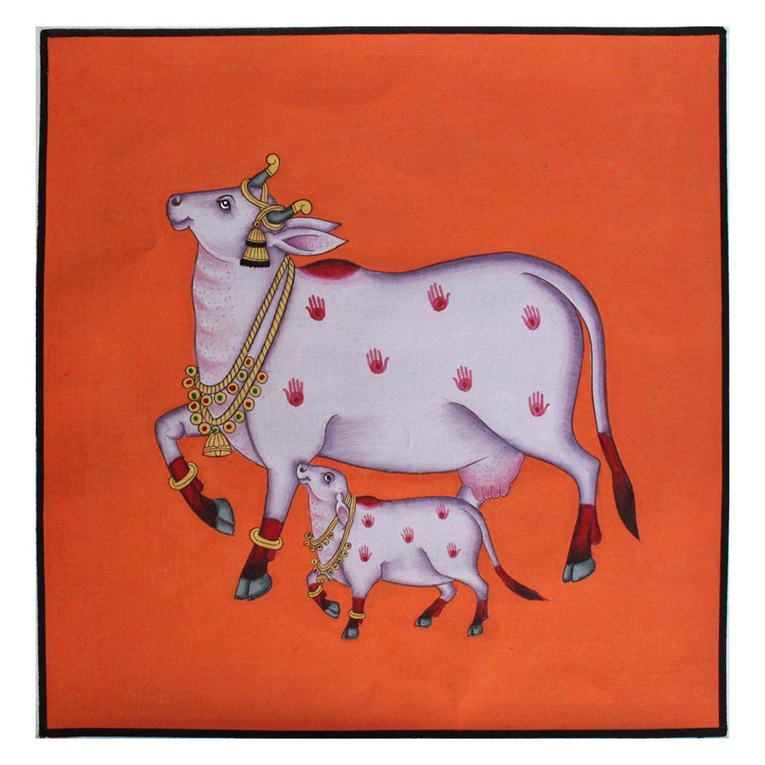 Beautifully Hand Made Painting on Cloth , Cow Love Traditional Painting