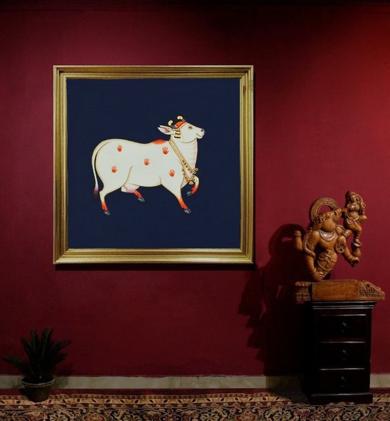 Traditional painting of holy cow- handmade pichwai painting - indian home decor-house warming item - cow painting - original painting