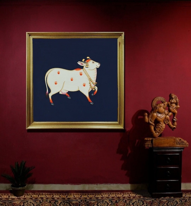Traditional painting of holy cow- handmade pichwai painting - indian home decor-house warming item - cow painting - original painting image 1