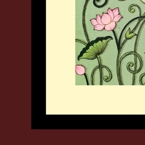 May include: An artistic illustration featuring pink lotus flowers and green leaves against a light green background. The design includes swirling vines and is framed by a black and cream border, set against a maroon backdrop.